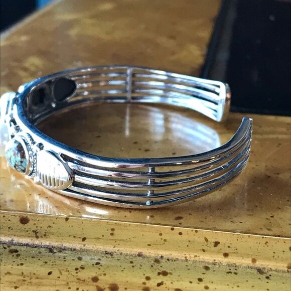 Royston Blue Horizon Turquoise White Pearl Sterling Silver Cuff Bracelet - Picture 5 of 7